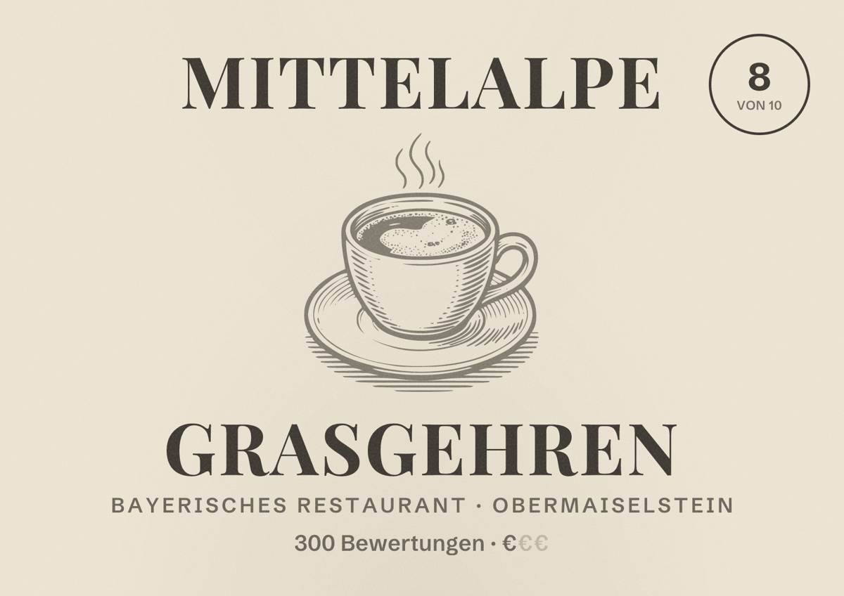 Illustriertes Poster von Mittelalpe Grasgehren, Bayerisches Restaurant in Obermaiselstein: Bewertung 8 von 10 aus 300 Bewertungen, Preisniveau €