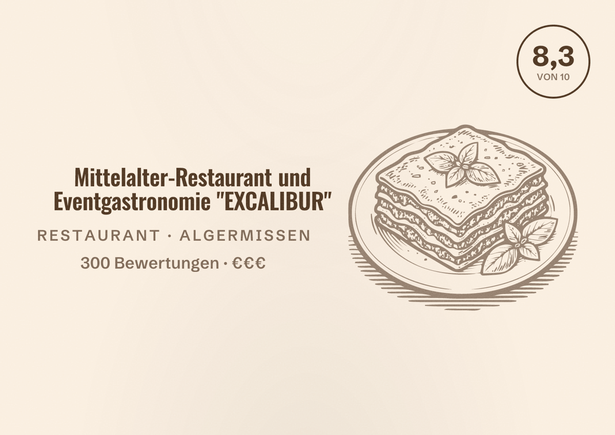 Illustriertes Poster von Mittelalter-Restaurant und Eventgastronomie "EXCALIBUR", Restaurant in Algermissen: Bewertung 8,3 von 10 aus 300 Bewertungen, Preisniveau €€€