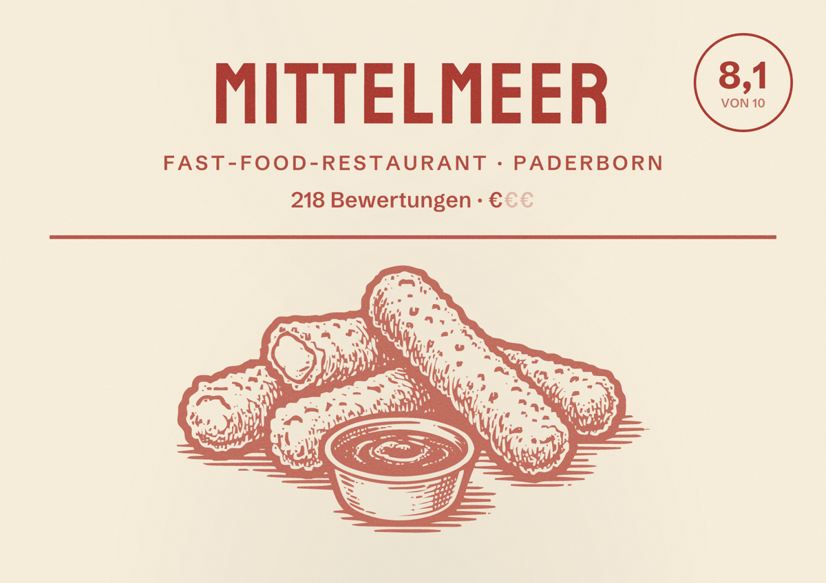 Illustriertes Poster von Mittelmeer, Fast-Food-Restaurant in Paderborn: Bewertung 8,1 von 10 aus 218 Bewertungen, Preisniveau €