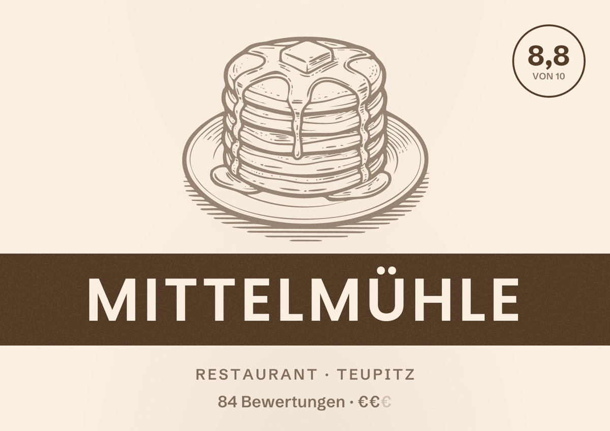 Illustriertes Poster von Mittelmühle, Restaurant in Teupitz: Bewertung 8,8 von 10 aus 84 Bewertungen, Preisniveau €€
