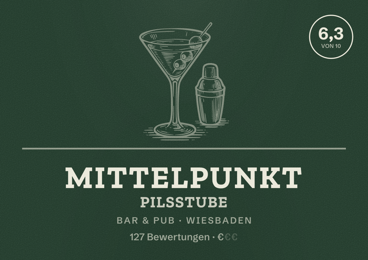 Illustriertes Poster von Mittelpunkt Pilsstube, Bar & Pub in Wiesbaden: Bewertung 6,3 von 10 aus 127 Bewertungen, Preisniveau €