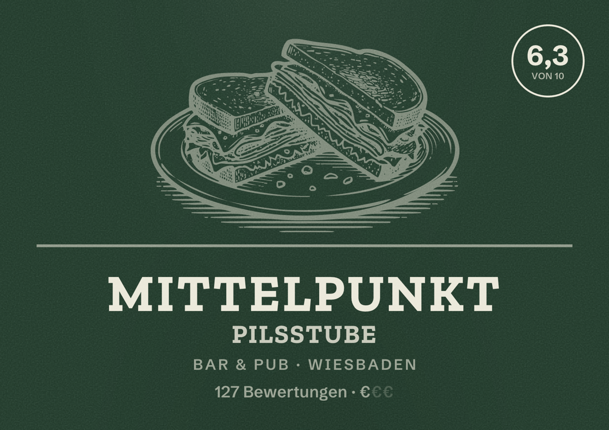 Illustriertes Poster von Mittelpunkt Pilsstube, Bar & Pub in Wiesbaden: Bewertung 6,3 von 10 aus 127 Bewertungen, Preisniveau €