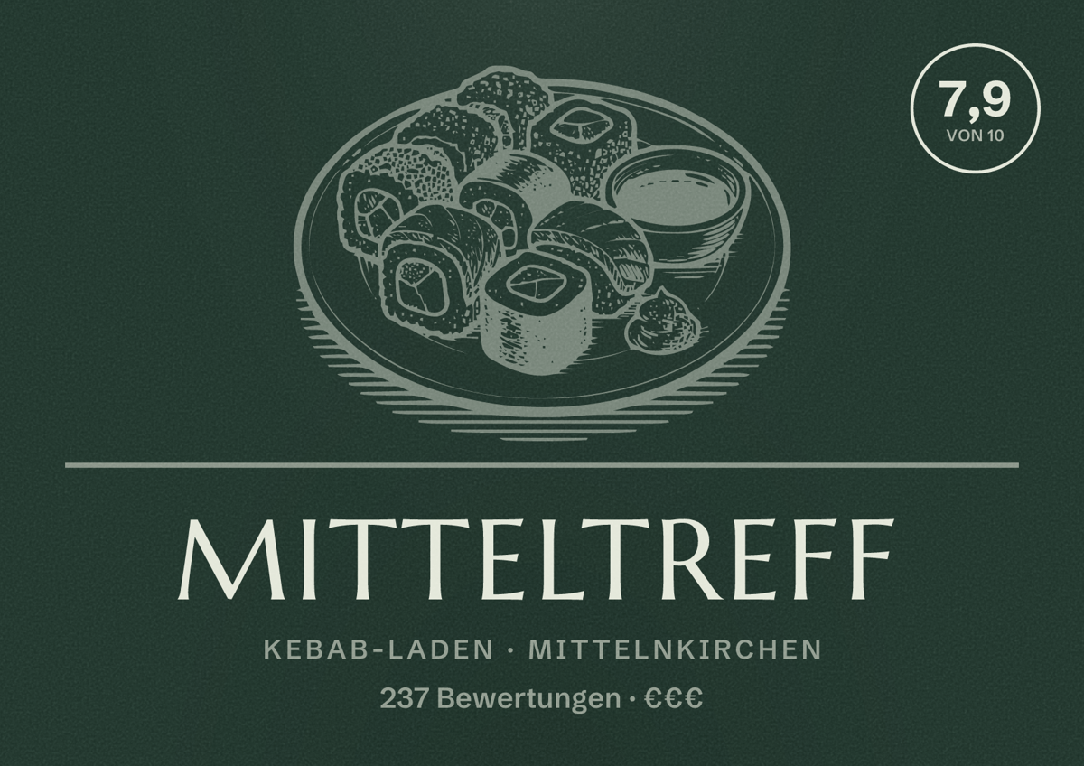 Illustriertes Poster von Mitteltreff, Kebab-Laden in Mittelnkirchen: Bewertung 7,9 von 10 aus 237 Bewertungen, Preisniveau €€€