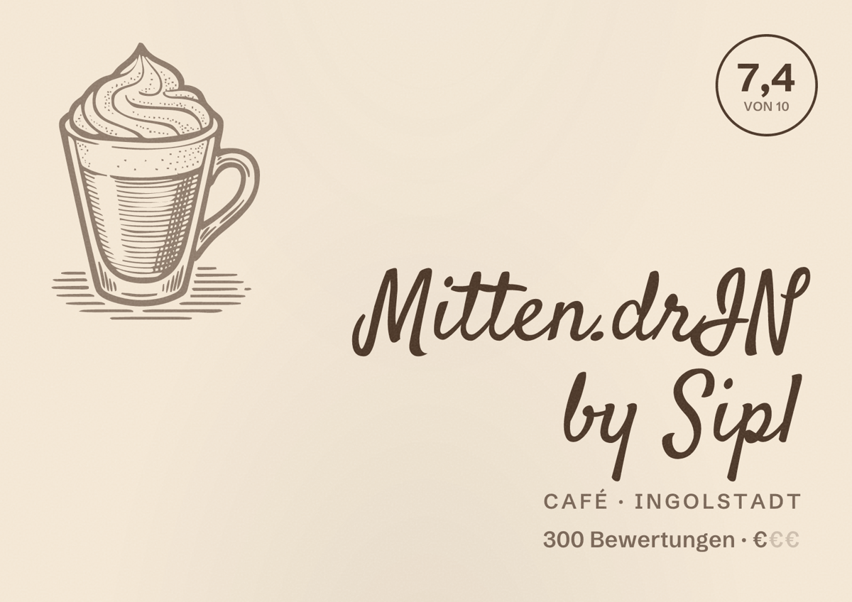 Illustriertes Poster von Mitten.drIN by Sipl, Café in Ingolstadt: Bewertung 7,4 von 10 aus 300 Bewertungen, Preisniveau €