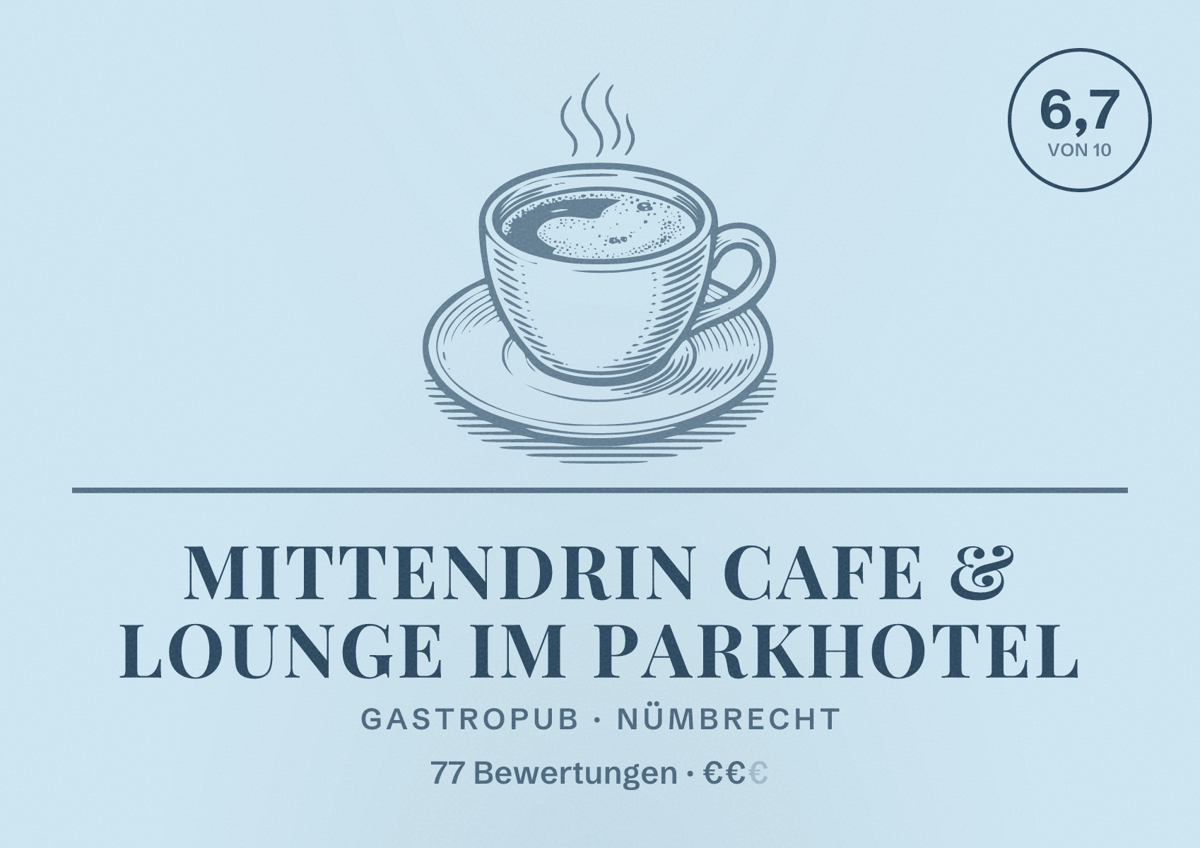 Illustriertes Poster von MITTENDRIN CAFE & LOUNGE im Parkhotel, Gastropub in Nümbrecht: Bewertung 6,7 von 10 aus 77 Bewertungen, Preisniveau €€