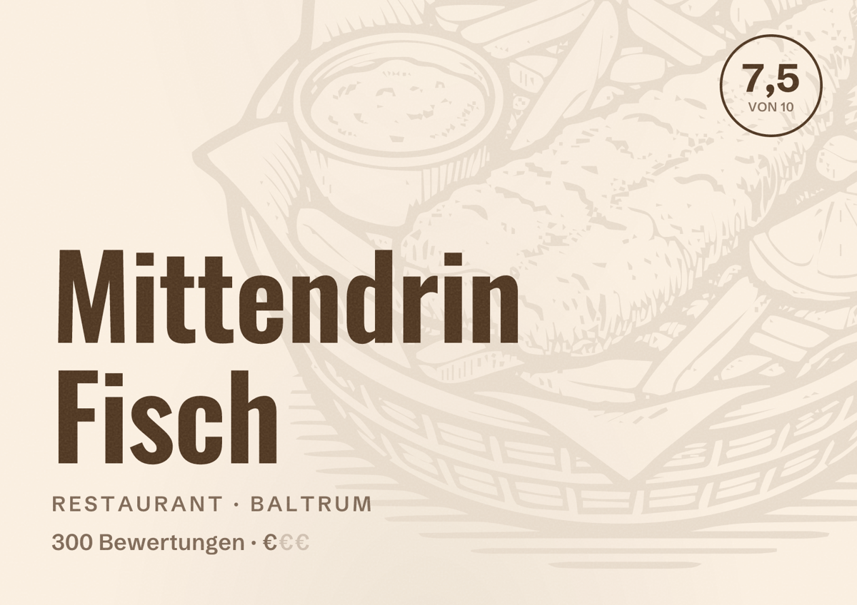 Illustriertes Poster von Mittendrin Fisch, Restaurant in Baltrum: Bewertung 7,5 von 10 aus 300 Bewertungen, Preisniveau €