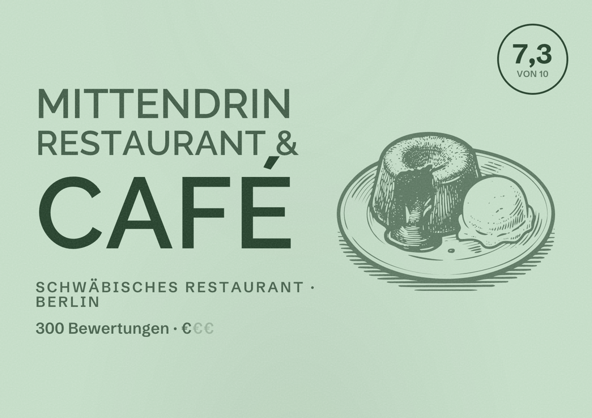 Illustriertes Poster von Mittendrin Restaurant & Café, Schwäbisches Restaurant in Berlin: Bewertung 7,3 von 10 aus 300 Bewertungen, Preisniveau €