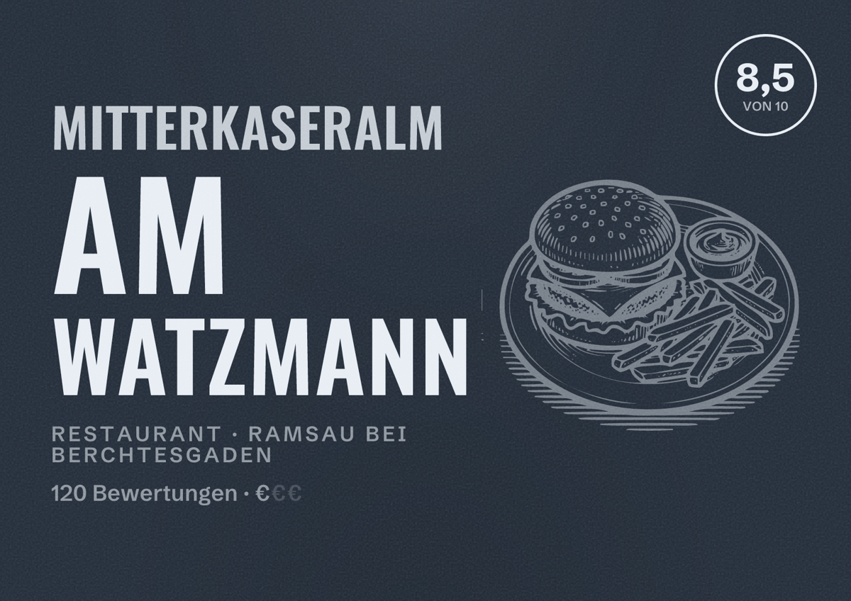 Illustriertes Poster von Mitterkaseralm am Watzmann, Restaurant in Ramsau bei Berchtesgaden: Bewertung 8,5 von 10 aus 120 Bewertungen, Preisniveau €