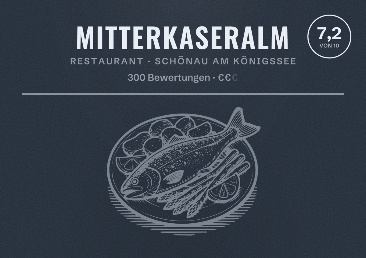 Illustriertes Poster von Mitterkaseralm, Restaurant in Schönau am Königssee: Bewertung 7,2 von 10 aus 300 Bewertungen, Preisniveau €€
