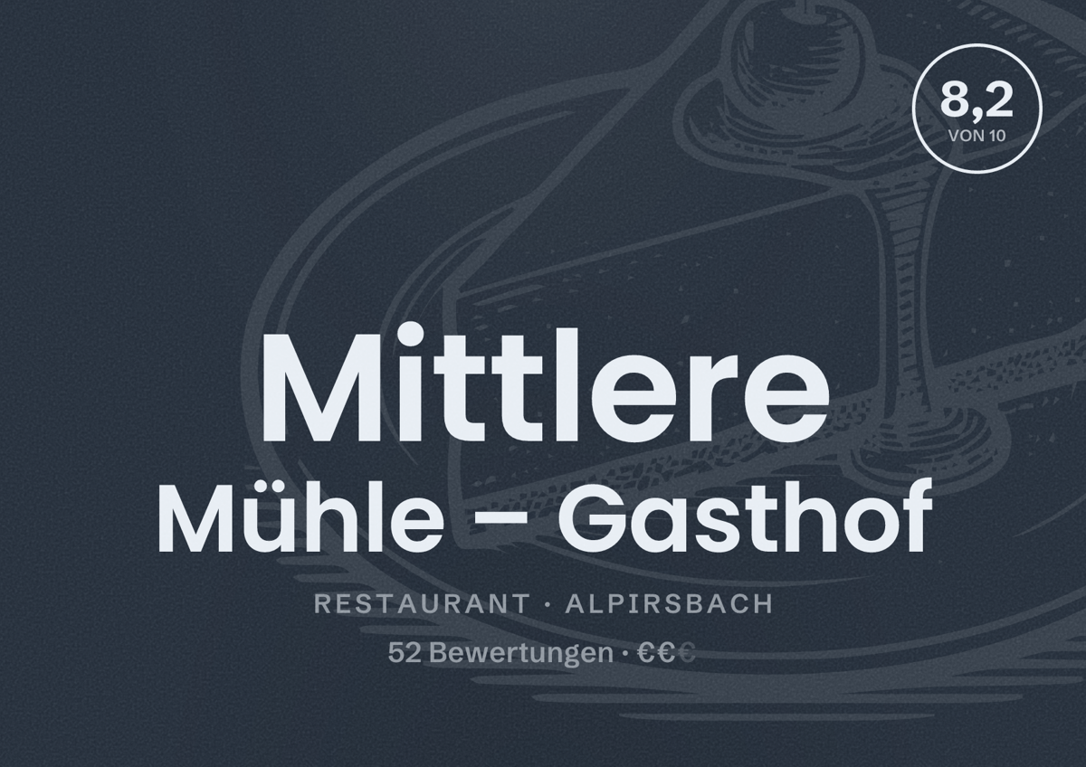 Illustriertes Poster von Mittlere Mühle – Gasthof, Restaurant in Alpirsbach: Bewertung 8,2 von 10 aus 52 Bewertungen, Preisniveau €€