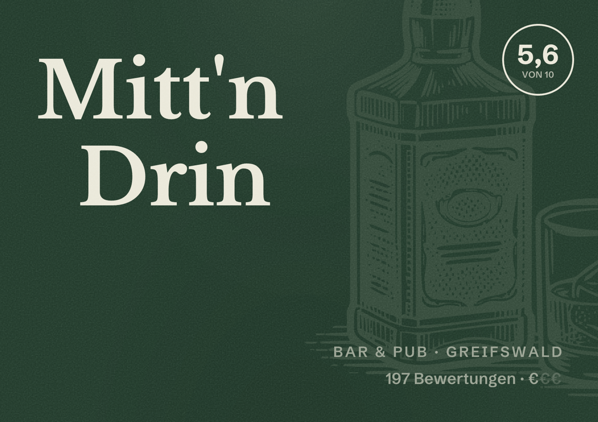 Illustriertes Poster von Mitt'n Drin, Bar & Pub in Greifswald: Bewertung 5,6 von 10 aus 197 Bewertungen, Preisniveau €