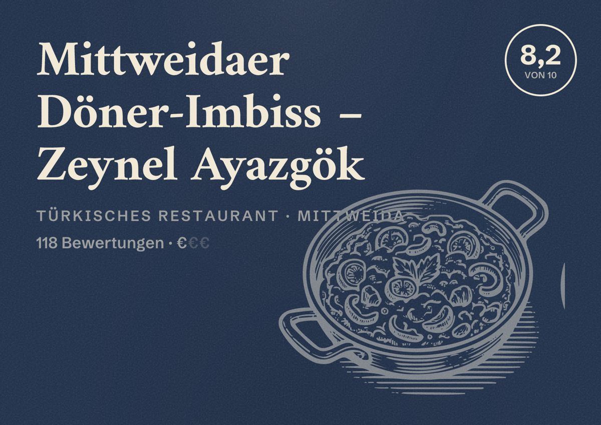 Illustriertes Poster von Mittweidaer Döner-Imbiss – Zeynel Ayazgök, Türkisches Restaurant in Mittweida: Bewertung 8,2 von 10 aus 118 Bewertungen, Preisniveau €