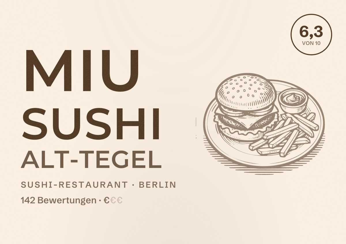 Illustriertes Poster von Miu Sushi Alt-Tegel, Sushi-Restaurant in Berlin: Bewertung 6,3 von 10 aus 142 Bewertungen, Preisniveau €