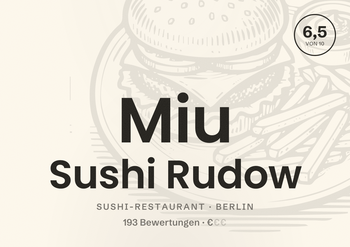 Illustriertes Poster von Miu Sushi Rudow, Sushi-Restaurant in Berlin: Bewertung 6,5 von 10 aus 193 Bewertungen, Preisniveau €