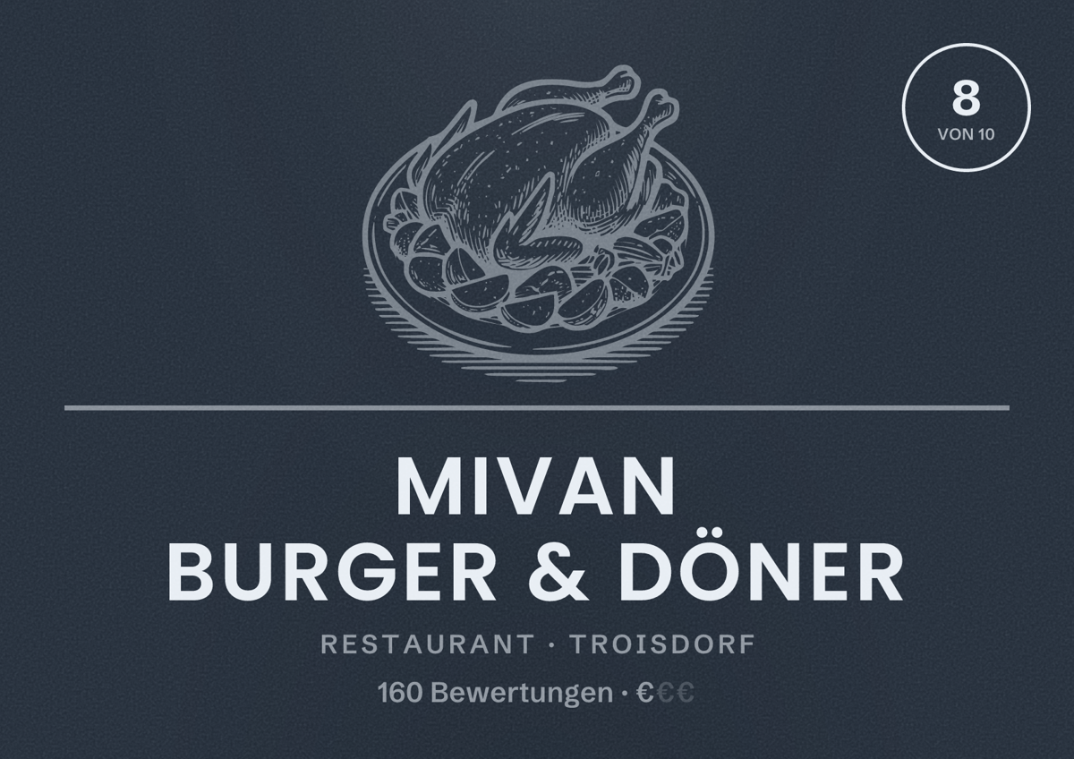 Illustriertes Poster von Mivan Burger & Döner, Restaurant in Troisdorf: Bewertung 8 von 10 aus 160 Bewertungen, Preisniveau €