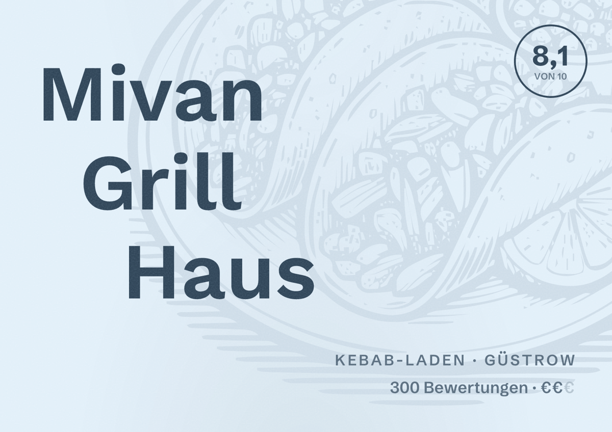 Illustriertes Poster von Mivan Grill Haus, Kebab-Laden in Güstrow: Bewertung 8,1 von 10 aus 300 Bewertungen, Preisniveau €€