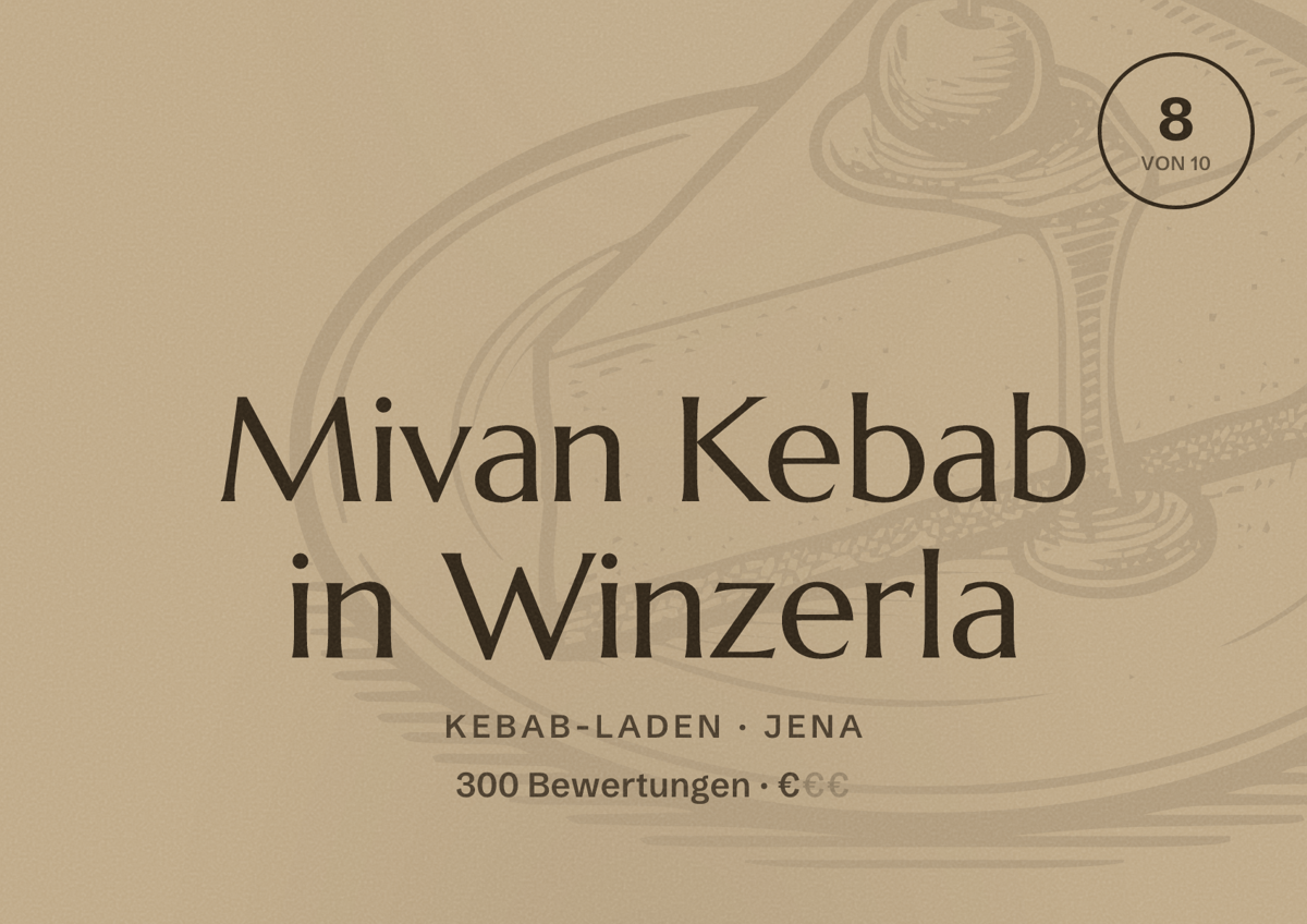 Illustriertes Poster von Mivan Kebab in Winzerla, Kebab-Laden in Jena: Bewertung 8 von 10 aus 300 Bewertungen, Preisniveau €