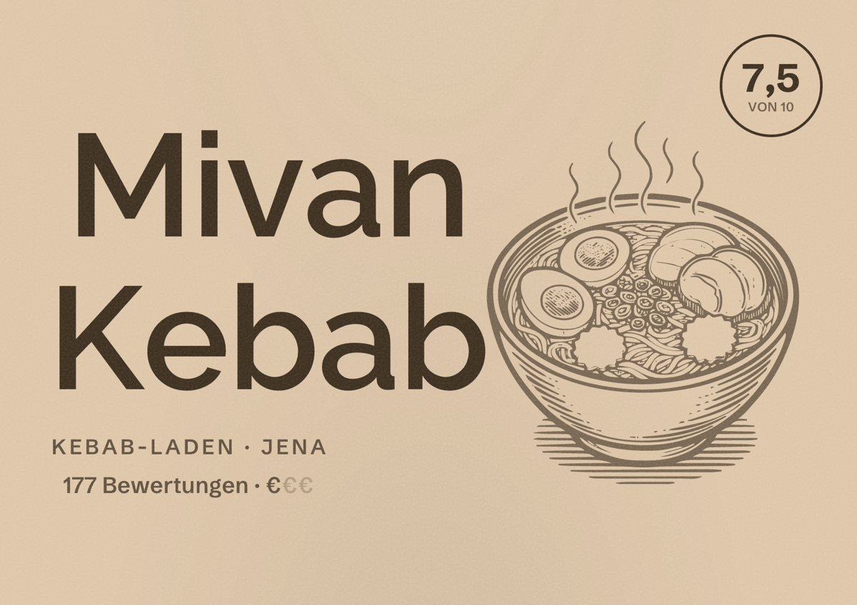 Illustriertes Poster von Mivan Kebab, Kebab-Laden in Jena: Bewertung 7,5 von 10 aus 177 Bewertungen, Preisniveau €