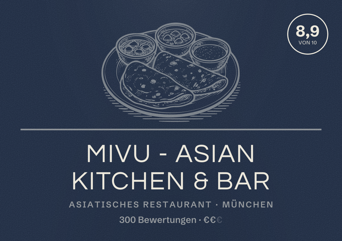 Illustriertes Poster von MIVU - Asian Kitchen & Bar, Asiatisches Restaurant in München: Bewertung 8,9 von 10 aus 300 Bewertungen, Preisniveau €€
