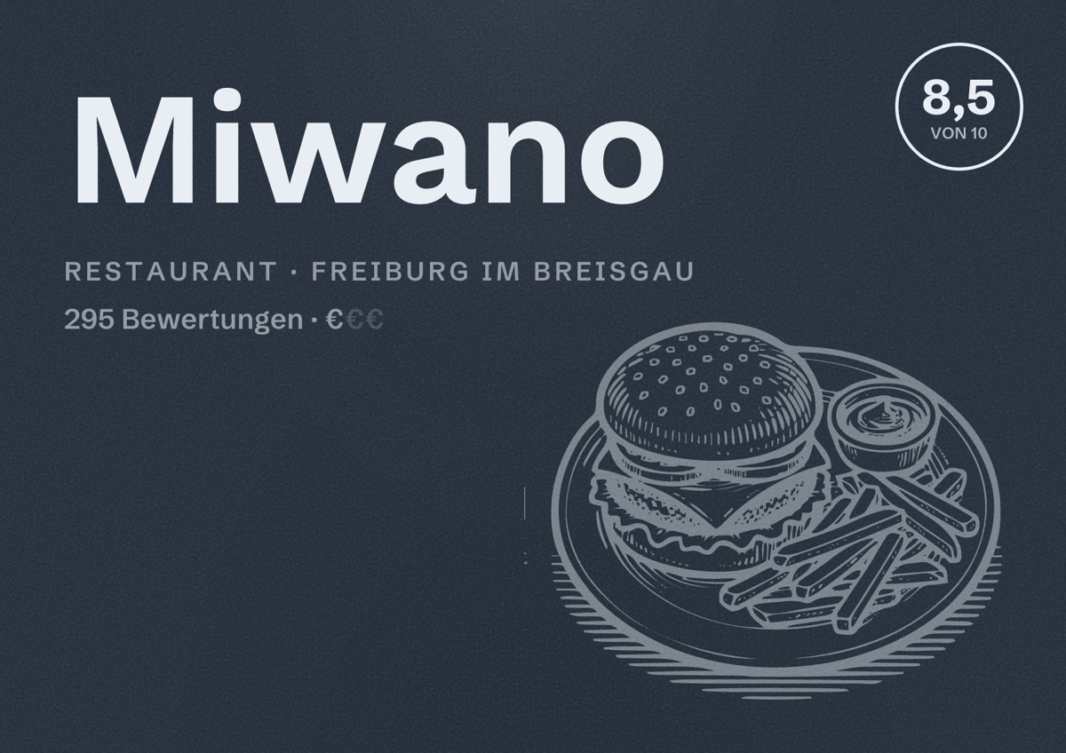 Illustriertes Poster von Miwano, Restaurant in Freiburg im Breisgau: Bewertung 8,5 von 10 aus 295 Bewertungen, Preisniveau €