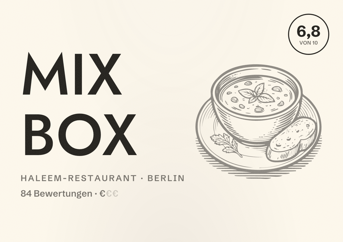 Illustriertes Poster von Mix Box, Haleem-Restaurant in Berlin: Bewertung 6,8 von 10 aus 84 Bewertungen, Preisniveau €