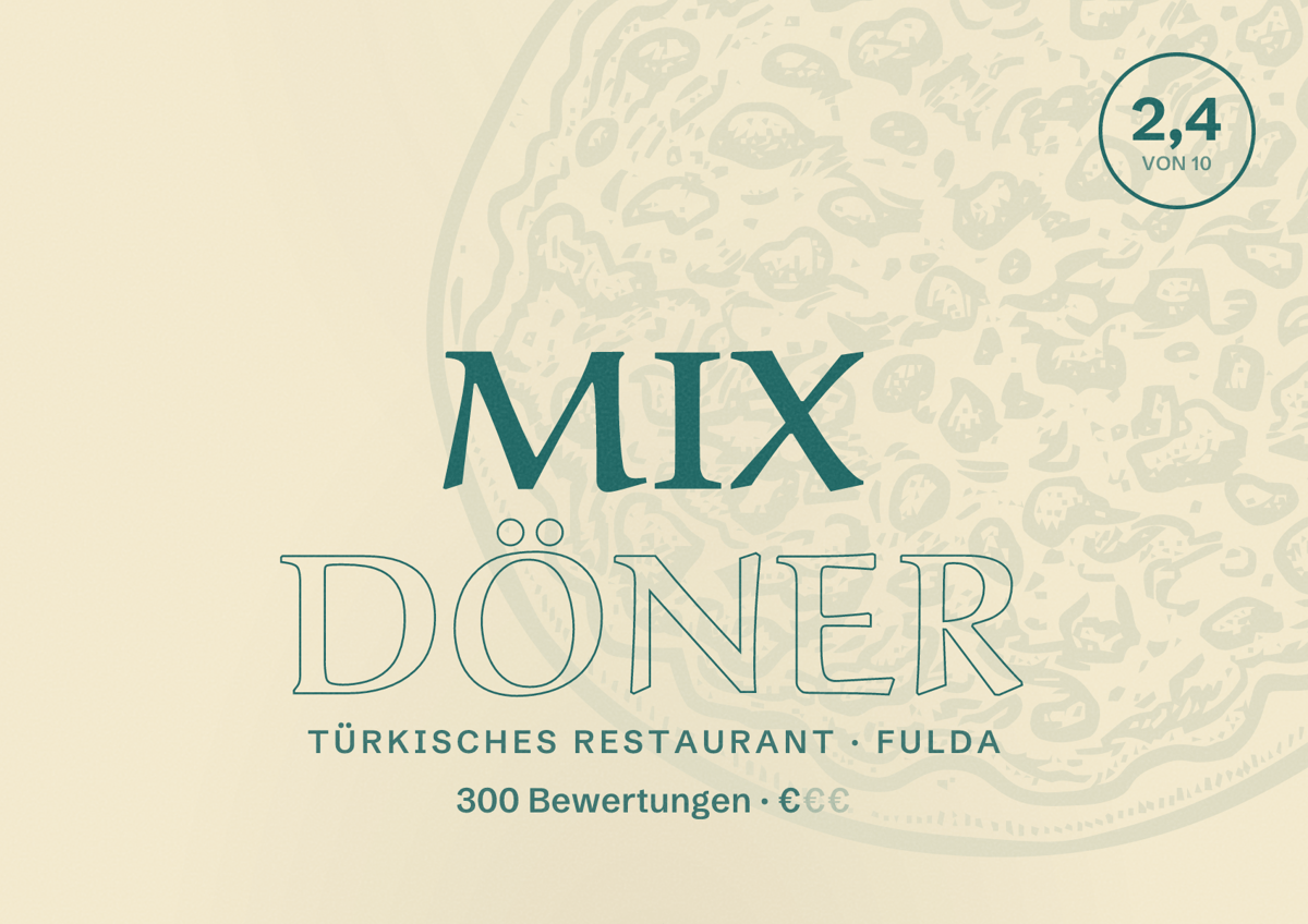 Illustriertes Poster von Mix Döner, Türkisches Restaurant in Fulda: Bewertung 2,4 von 10 aus 300 Bewertungen, Preisniveau €