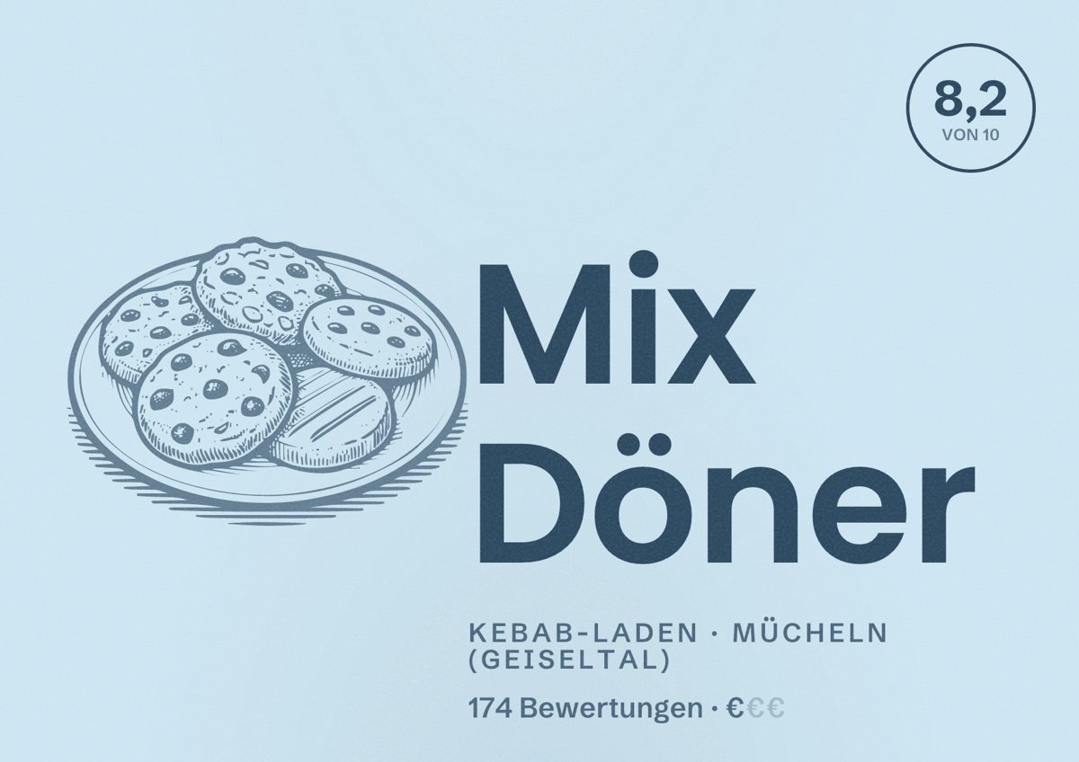 Illustriertes Poster von Mix Döner, Kebab-Laden in Mücheln (Geiseltal): Bewertung 8,2 von 10 aus 174 Bewertungen, Preisniveau €
