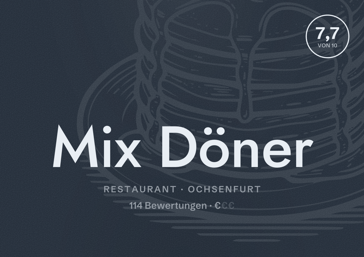 Illustriertes Poster von Mix Döner, Restaurant in Ochsenfurt: Bewertung 7,7 von 10 aus 114 Bewertungen, Preisniveau €