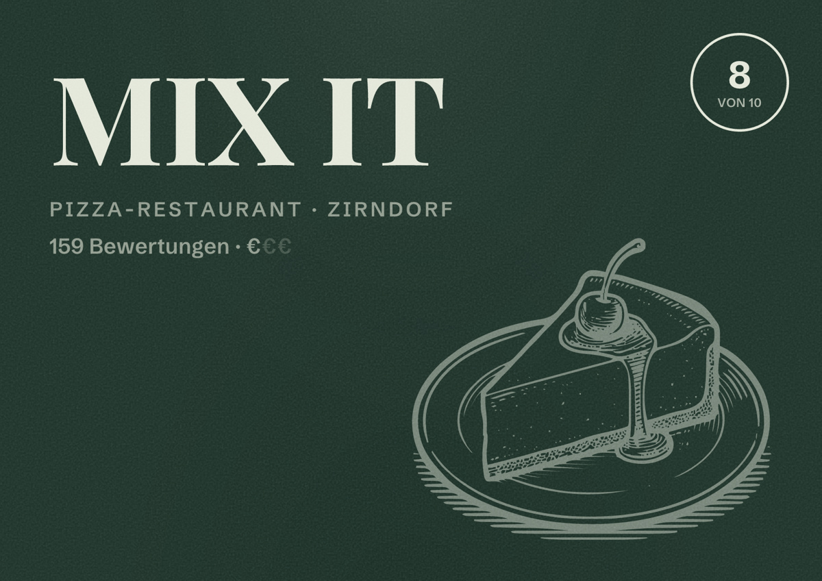Illustriertes Poster von MIX IT, Pizza-Restaurant in Zirndorf: Bewertung 8 von 10 aus 159 Bewertungen, Preisniveau €