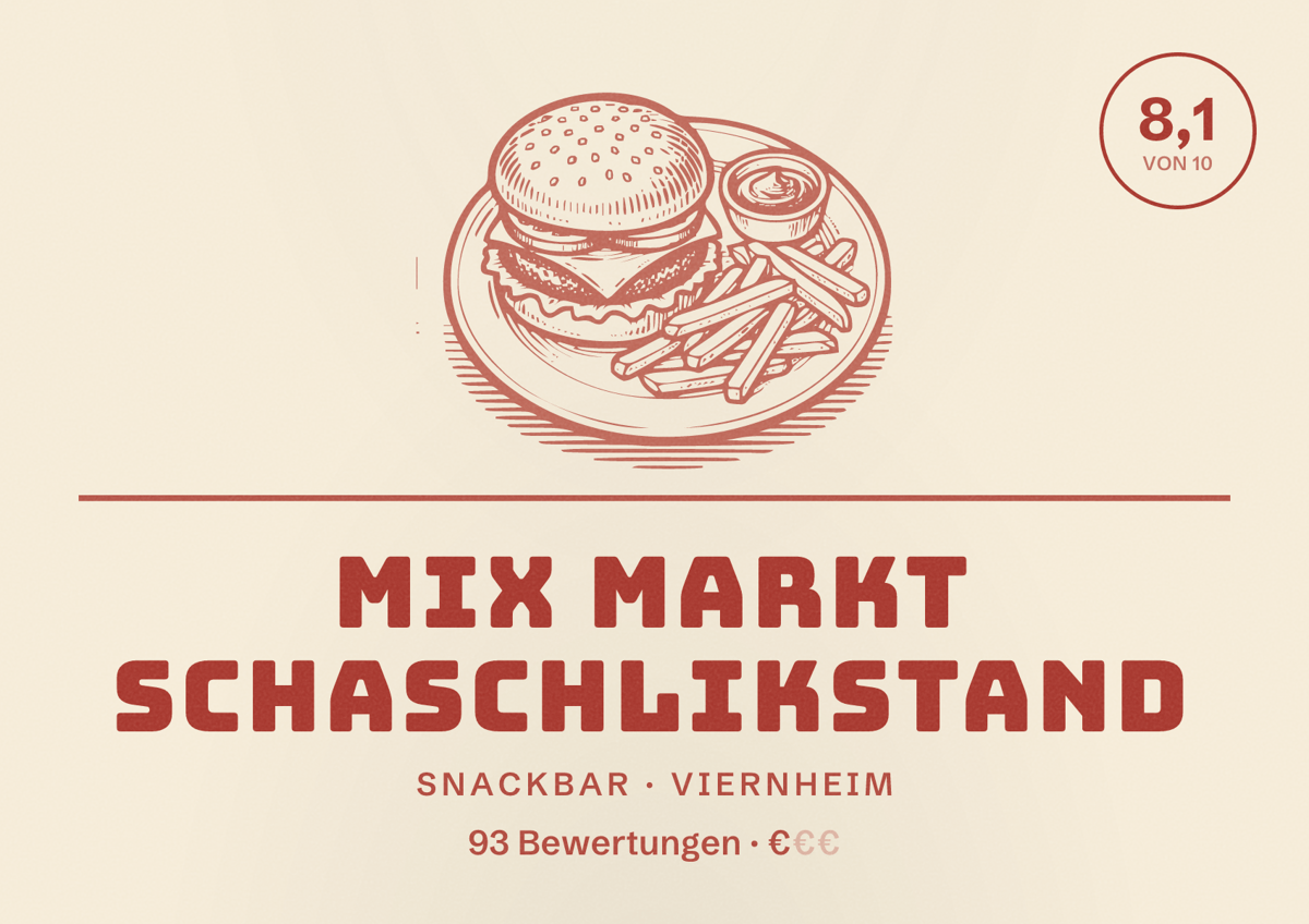 Illustriertes Poster von Mix Markt Schaschlikstand, Snackbar in Viernheim: Bewertung 8,1 von 10 aus 93 Bewertungen, Preisniveau €