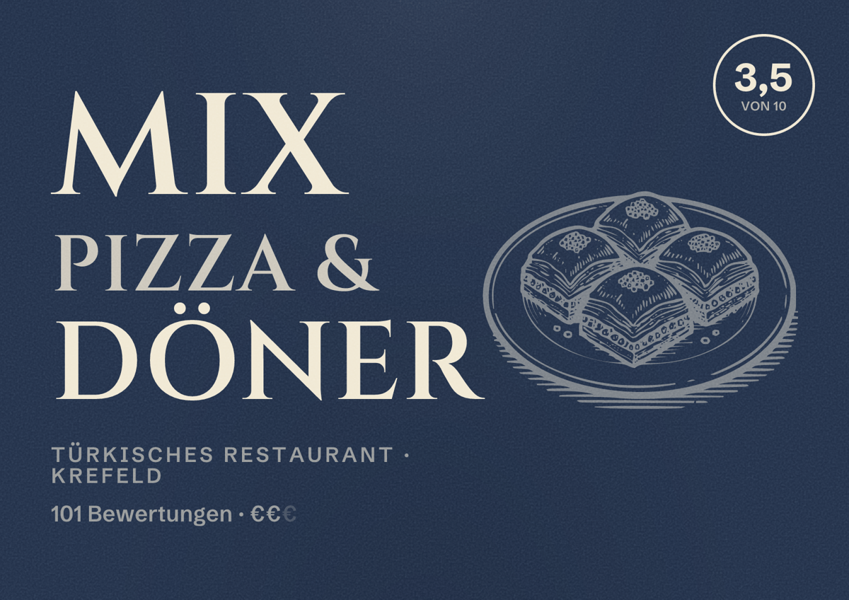 Illustriertes Poster von Mix Pizza & Döner, Türkisches Restaurant in Krefeld: Bewertung 3,5 von 10 aus 101 Bewertungen, Preisniveau €€