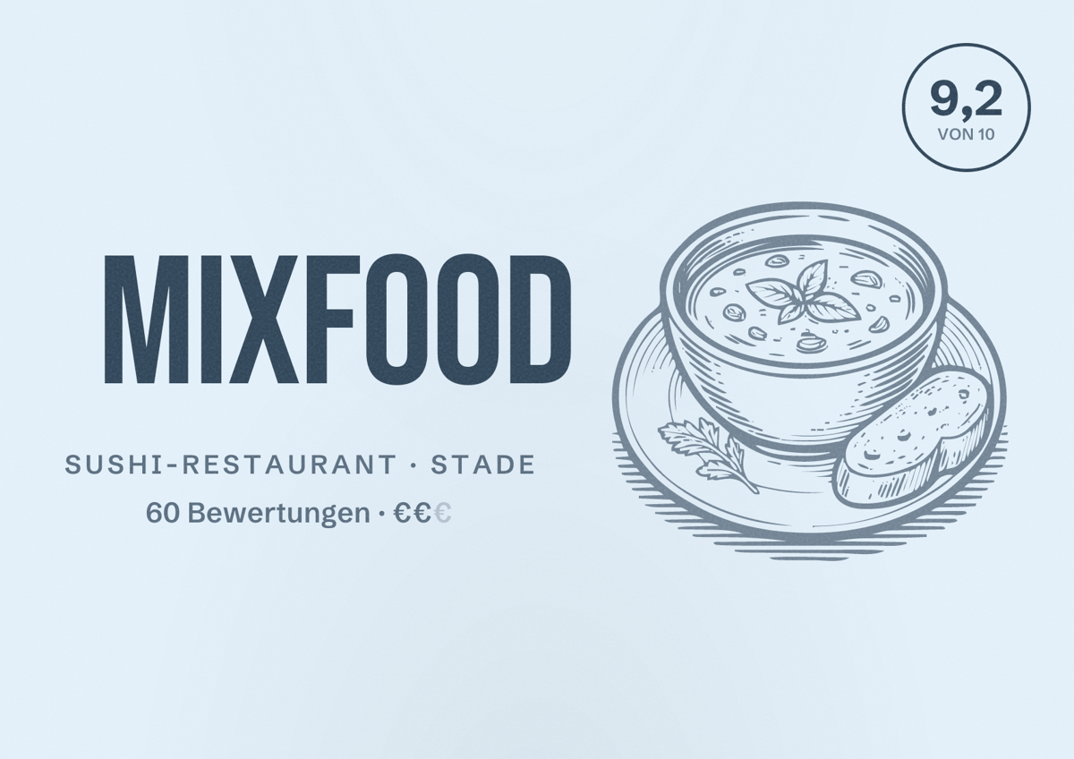 Illustriertes Poster von Mixfood, Sushi-Restaurant in Stade: Bewertung 9,2 von 10 aus 60 Bewertungen, Preisniveau €€