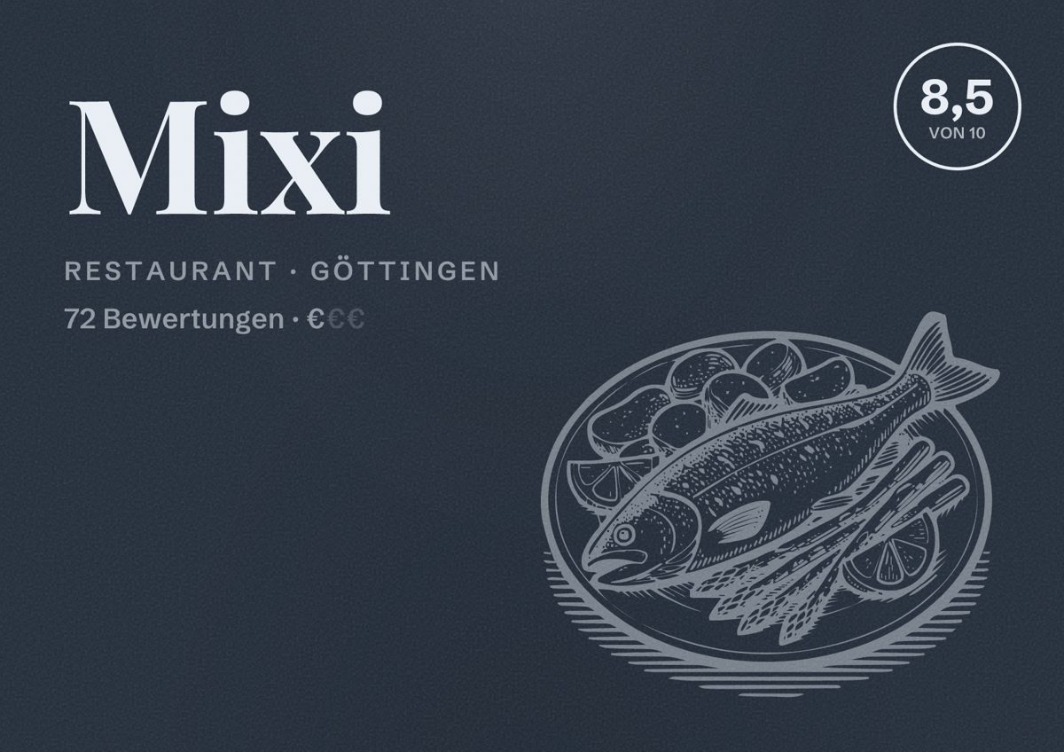 Illustriertes Poster von Mixi, Restaurant in Göttingen: Bewertung 8,5 von 10 aus 72 Bewertungen, Preisniveau €