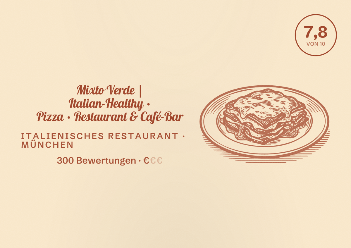 Illustriertes Poster von Mixto Verde | Italian-Healthy · Pizza · Restaurant & Café-Bar, Italienisches Restaurant in München: Bewertung 7,8 von 10 aus 300 Bewertungen, Preisniveau €