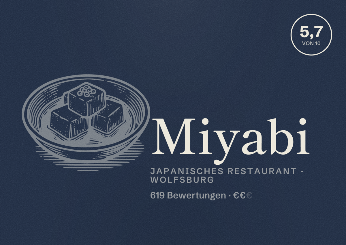Illustriertes Poster von Miyabi, Japanisches Restaurant in Wolfsburg: Bewertung 5,7 von 10 aus 619 Bewertungen, Preisniveau €€