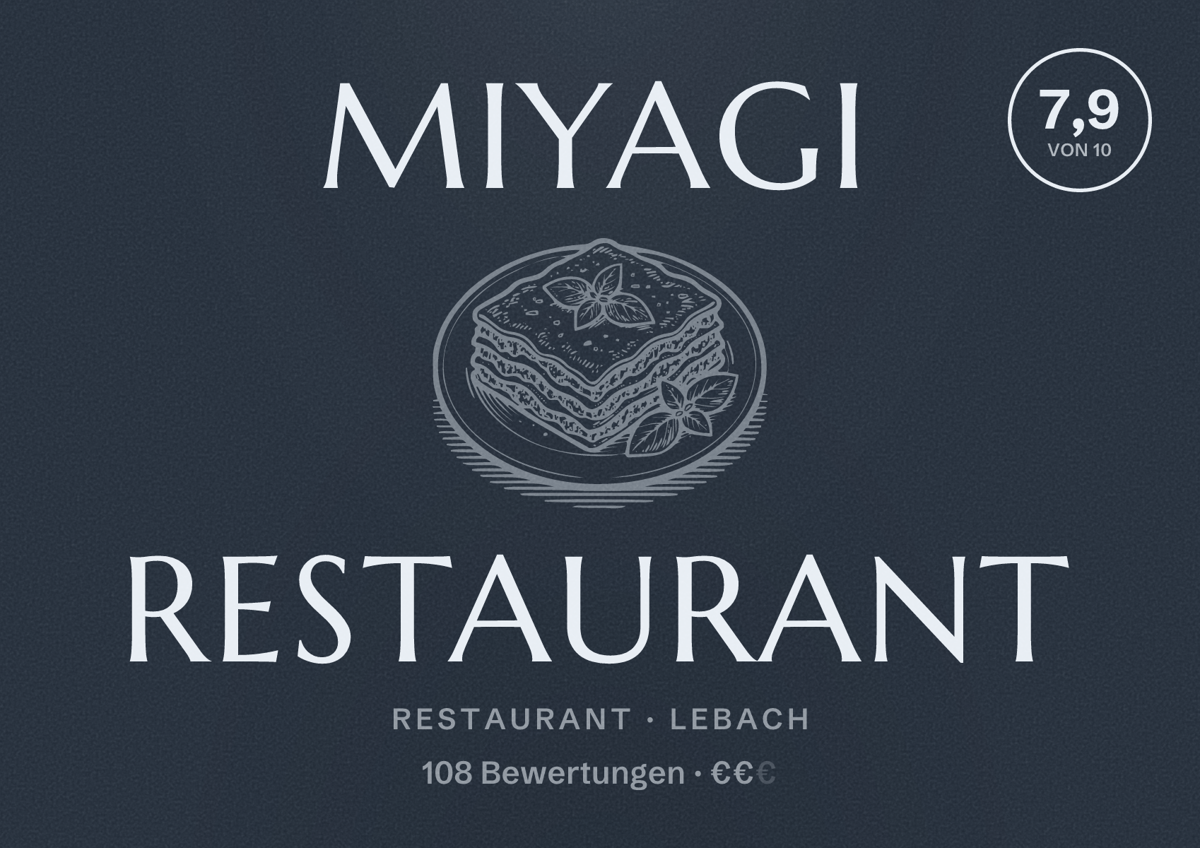 Illustriertes Poster von Miyagi Restaurant, Restaurant in Lebach: Bewertung 7,9 von 10 aus 108 Bewertungen, Preisniveau €€
