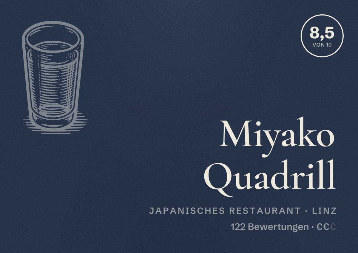 Illustriertes Poster von Miyako Quadrill, Japanisches Restaurant in Linz: Bewertung 8,5 von 10 aus 122 Bewertungen, Preisniveau €€