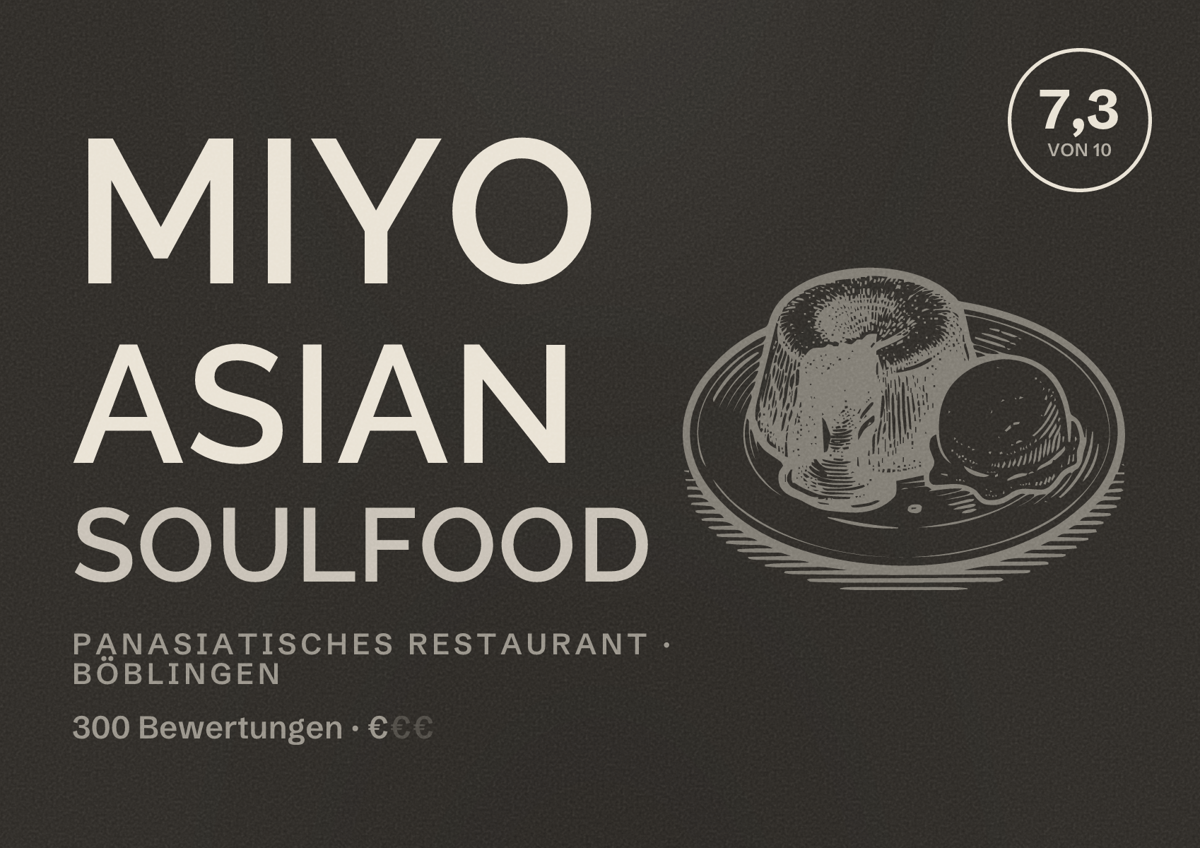 Illustriertes Poster von MIYO Asian Soulfood, Panasiatisches Restaurant in Böblingen: Bewertung 7,3 von 10 aus 300 Bewertungen, Preisniveau €