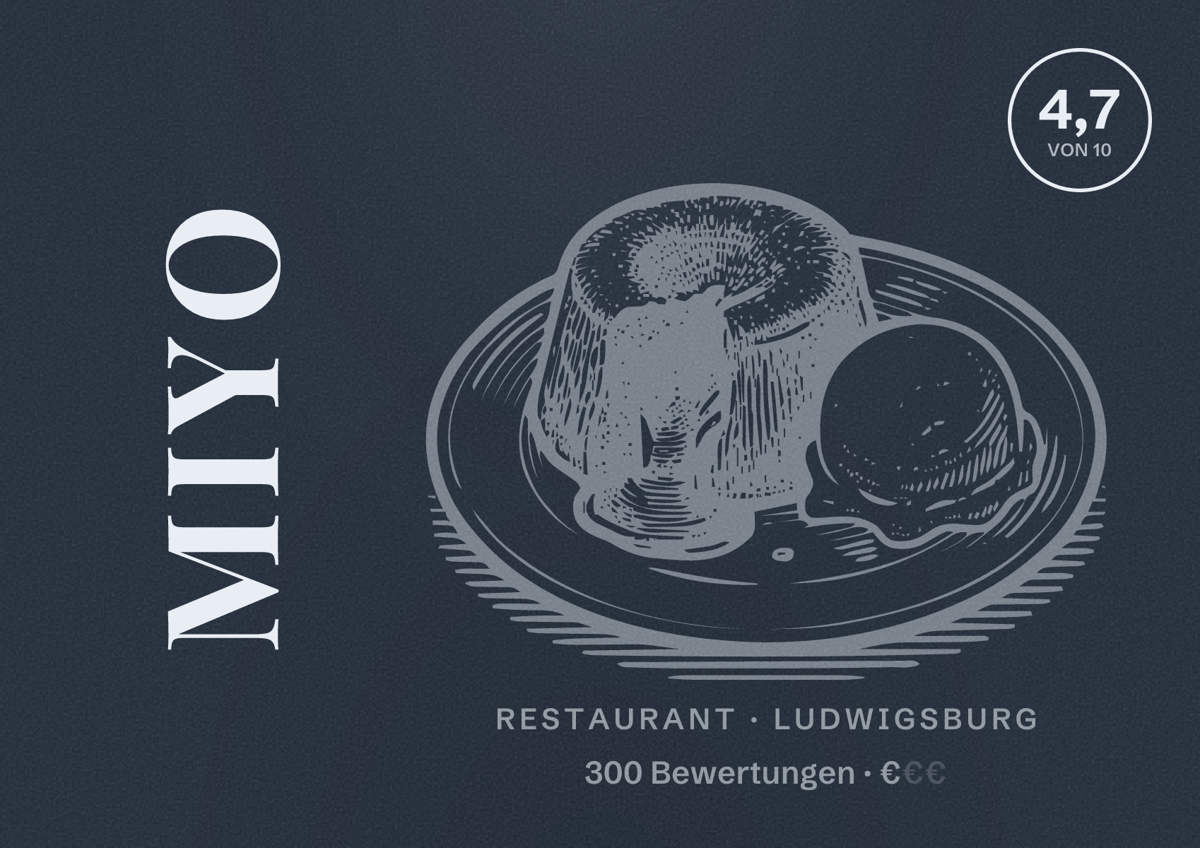 Illustriertes Poster von Miyo, Restaurant in Ludwigsburg: Bewertung 4,7 von 10 aus 300 Bewertungen, Preisniveau €