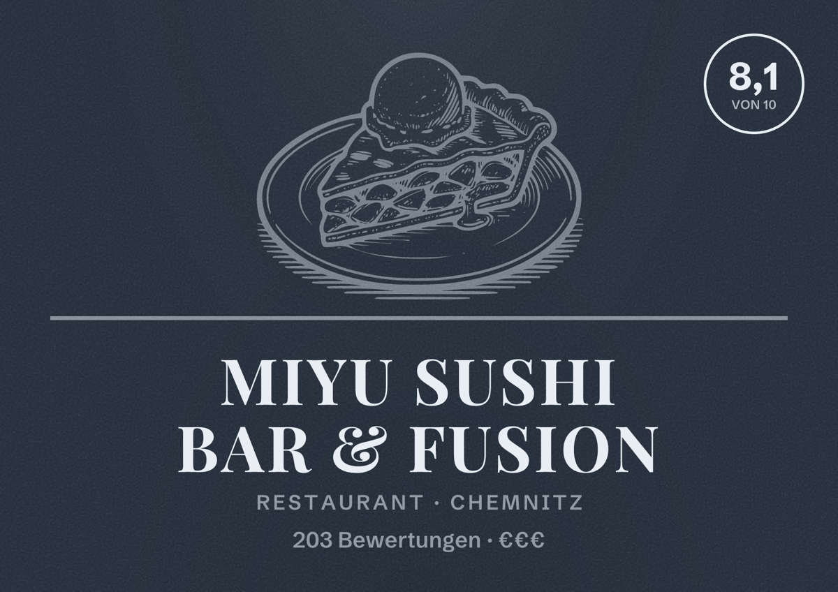 Illustriertes Poster von MIYU Sushi Bar & Fusion, Restaurant in Chemnitz: Bewertung 8,1 von 10 aus 203 Bewertungen, Preisniveau €€€