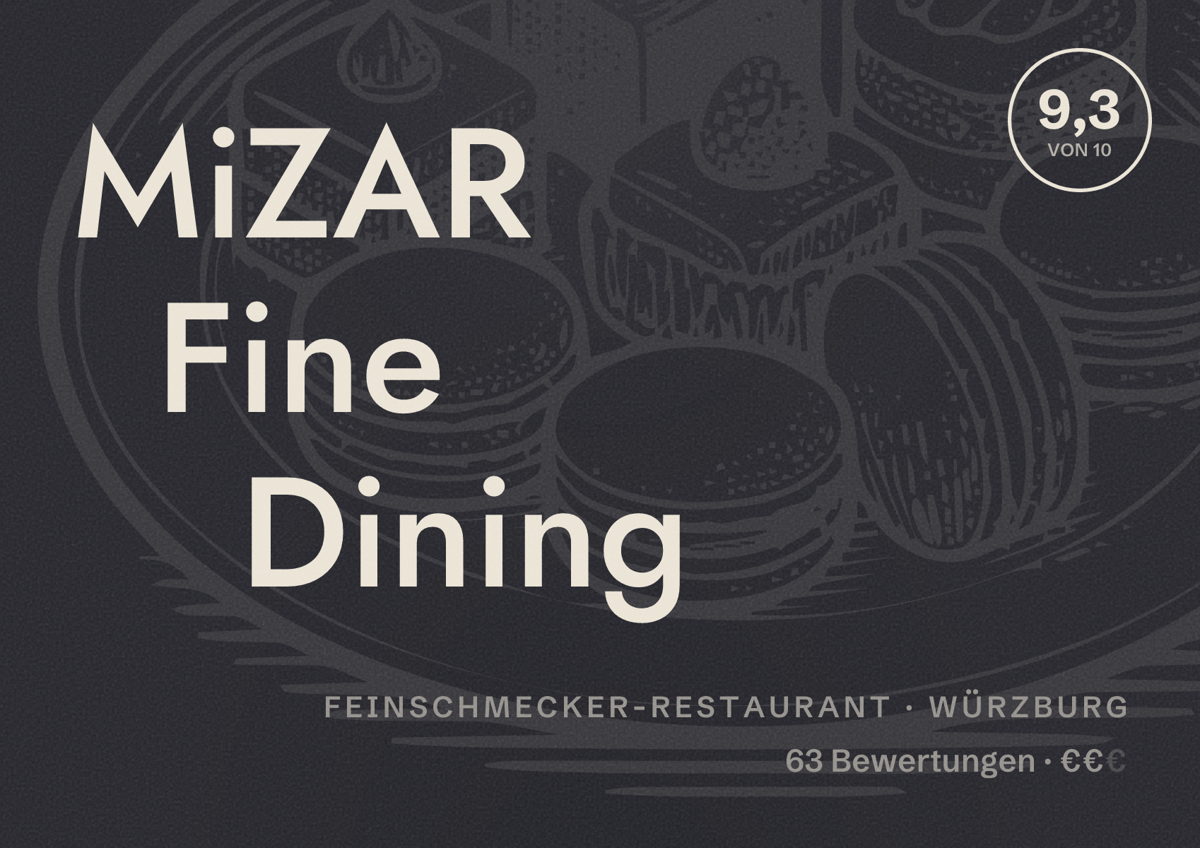 Illustriertes Poster von MiZAR Fine Dining, Feinschmecker-Restaurant in Würzburg: Bewertung 9,3 von 10 aus 63 Bewertungen, Preisniveau €€