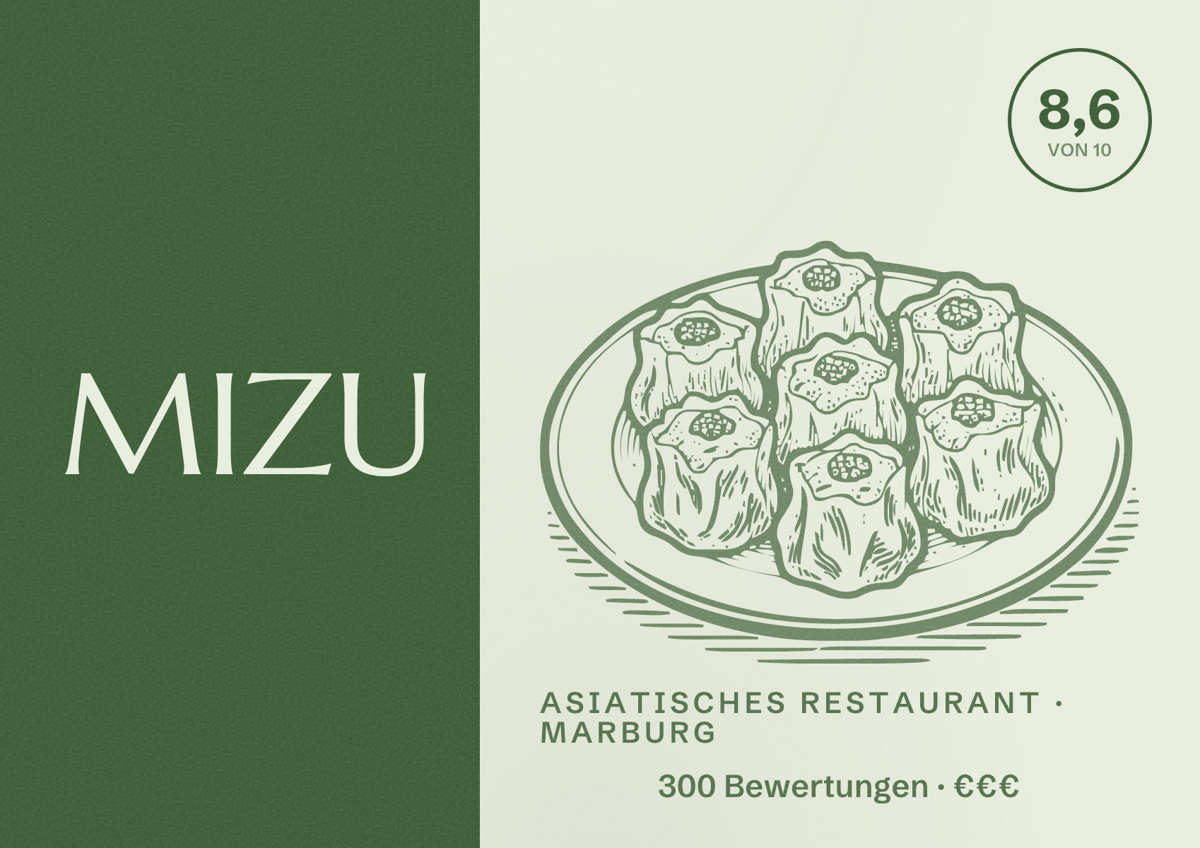 Illustriertes Poster von MIZU, Asiatisches Restaurant in Marburg: Bewertung 8,6 von 10 aus 300 Bewertungen, Preisniveau €€€