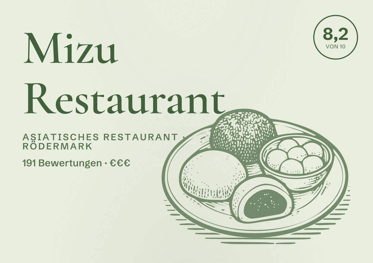 Illustriertes Poster von Mizu Restaurant, Asiatisches Restaurant in Rödermark: Bewertung 8,2 von 10 aus 191 Bewertungen, Preisniveau €€€