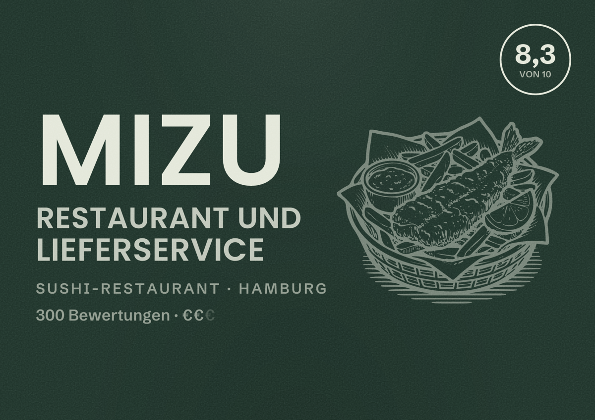 Illustriertes Poster von Mizu Restaurant und Lieferservice, Sushi-Restaurant in Hamburg: Bewertung 8,3 von 10 aus 300 Bewertungen, Preisniveau €€