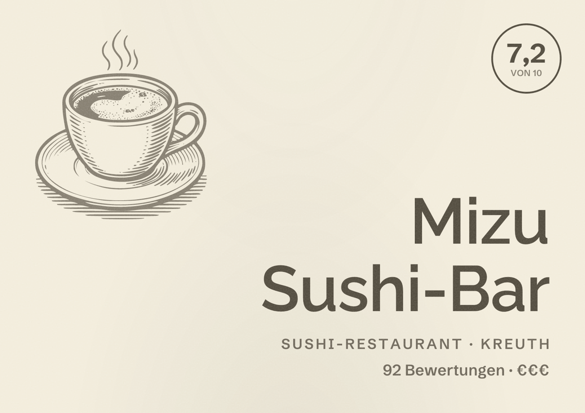 Illustriertes Poster von Mizu Sushi-Bar, Sushi-Restaurant in Kreuth: Bewertung 7,2 von 10 aus 92 Bewertungen, Preisniveau €€€