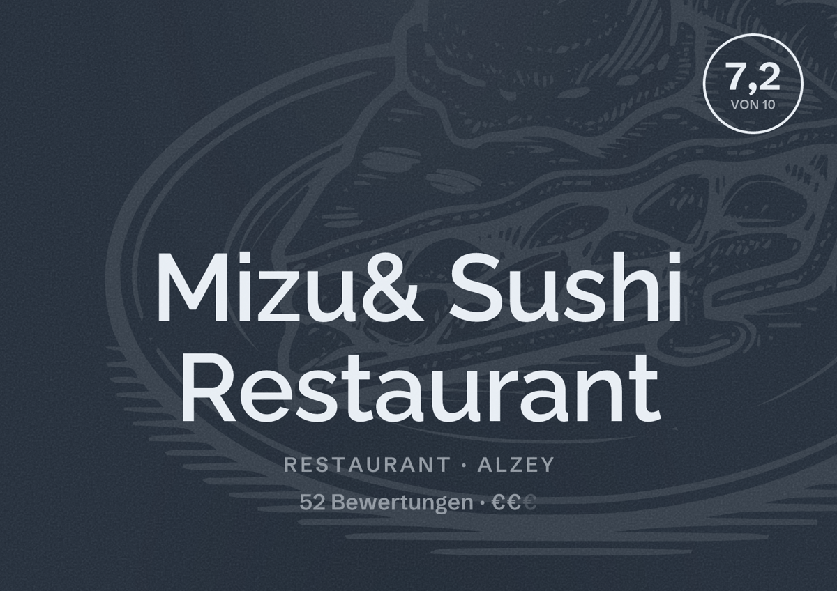 Illustriertes Poster von Mizu& Sushi Restaurant, Restaurant in Alzey: Bewertung 7,2 von 10 aus 52 Bewertungen, Preisniveau €€