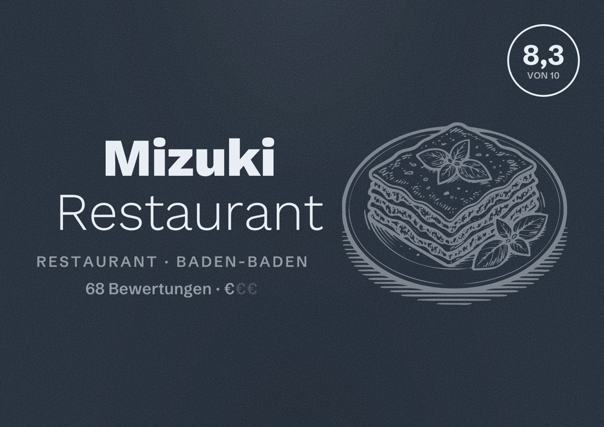Illustriertes Poster von Mizuki Restaurant, Restaurant in Baden-Baden: Bewertung 8,3 von 10 aus 68 Bewertungen, Preisniveau €