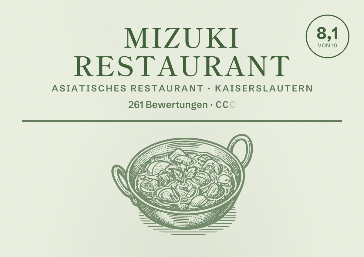 Illustriertes Poster von Mizuki Restaurant, Asiatisches Restaurant in Kaiserslautern: Bewertung 8,1 von 10 aus 261 Bewertungen, Preisniveau €€