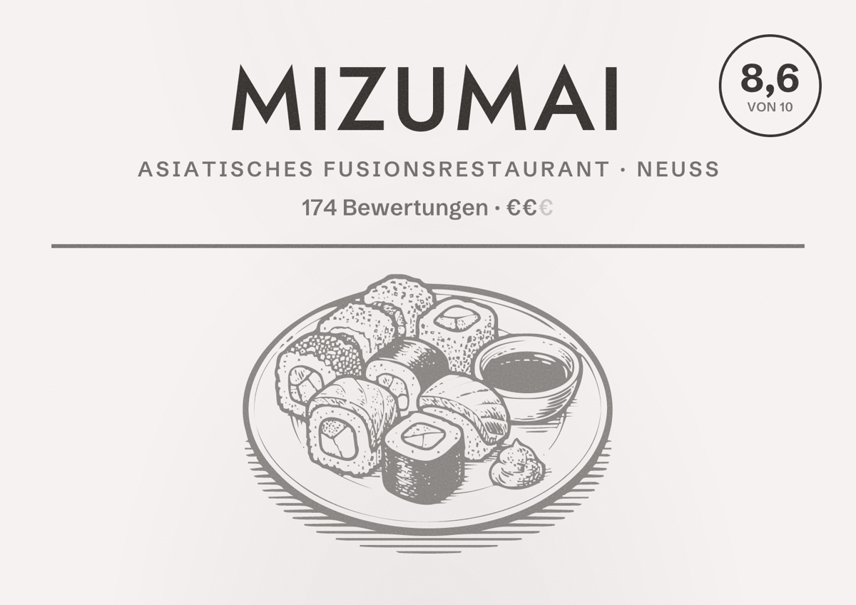 Illustriertes Poster von MizuMai, Asiatisches Fusionsrestaurant in Neuss: Bewertung 8,6 von 10 aus 174 Bewertungen, Preisniveau €€