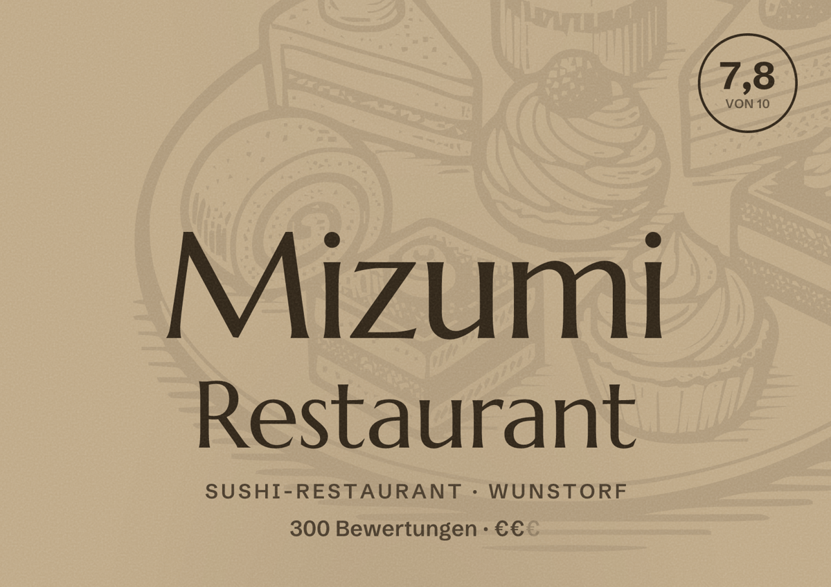 Illustriertes Poster von Mizumi Restaurant, Sushi-Restaurant in Wunstorf: Bewertung 7,8 von 10 aus 300 Bewertungen, Preisniveau €€